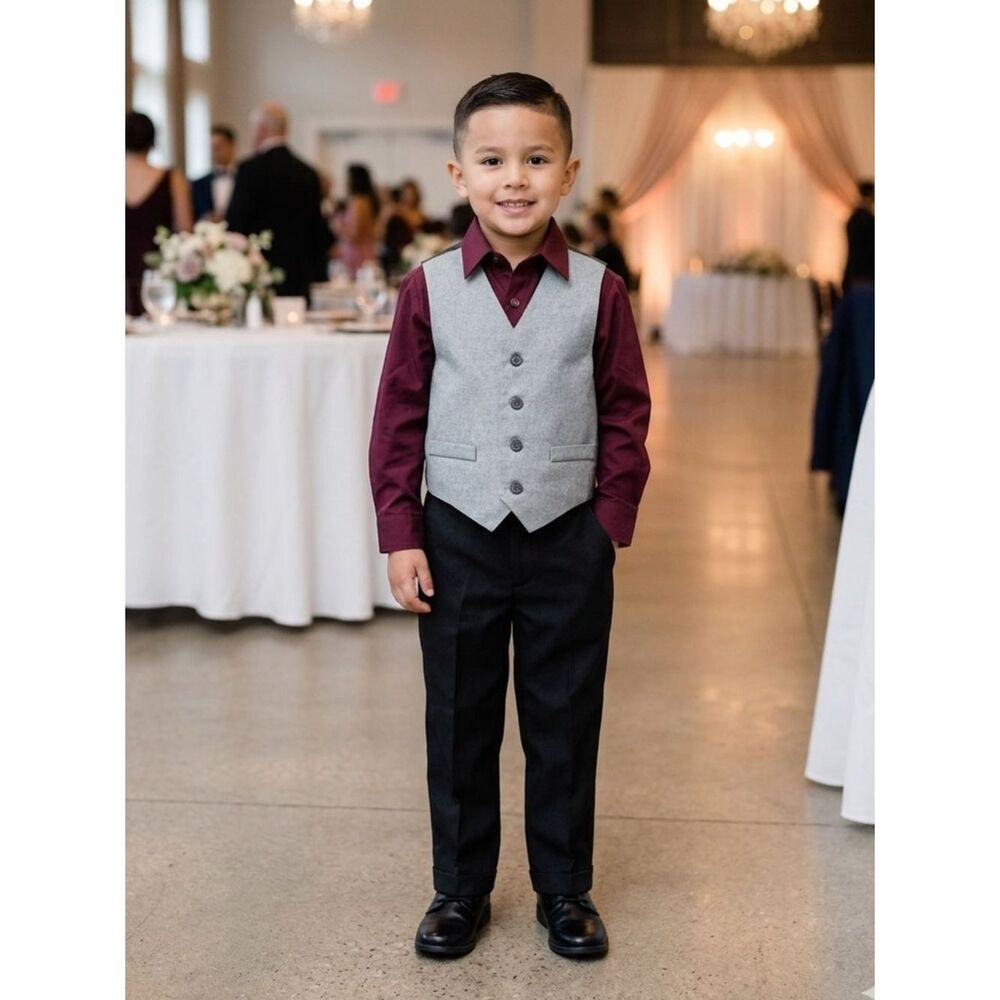 Take 50% OFF- Boys 3pcs Dress Shirt, Vest and PantsBurgundy,Gray Black- Size-4 T